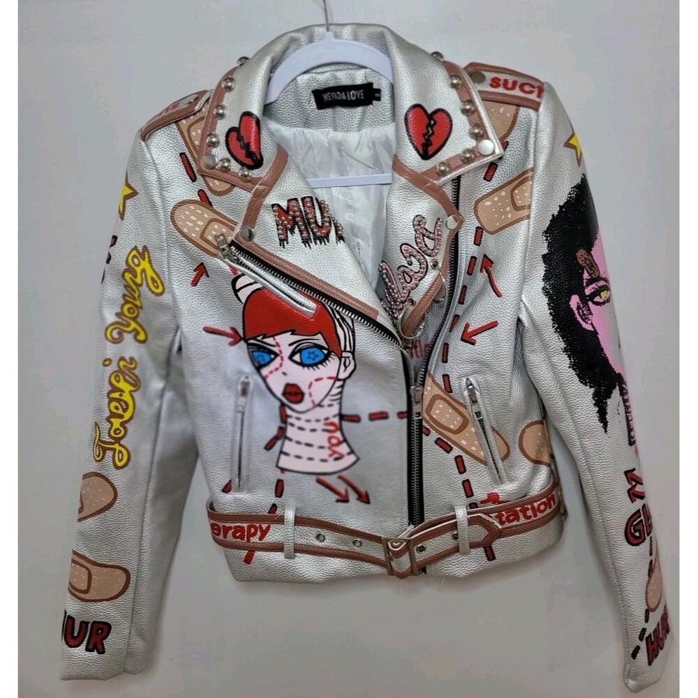 Nevada Love Women’s Silver Metallic Moto Jacket Size S Studded Graffiti Print